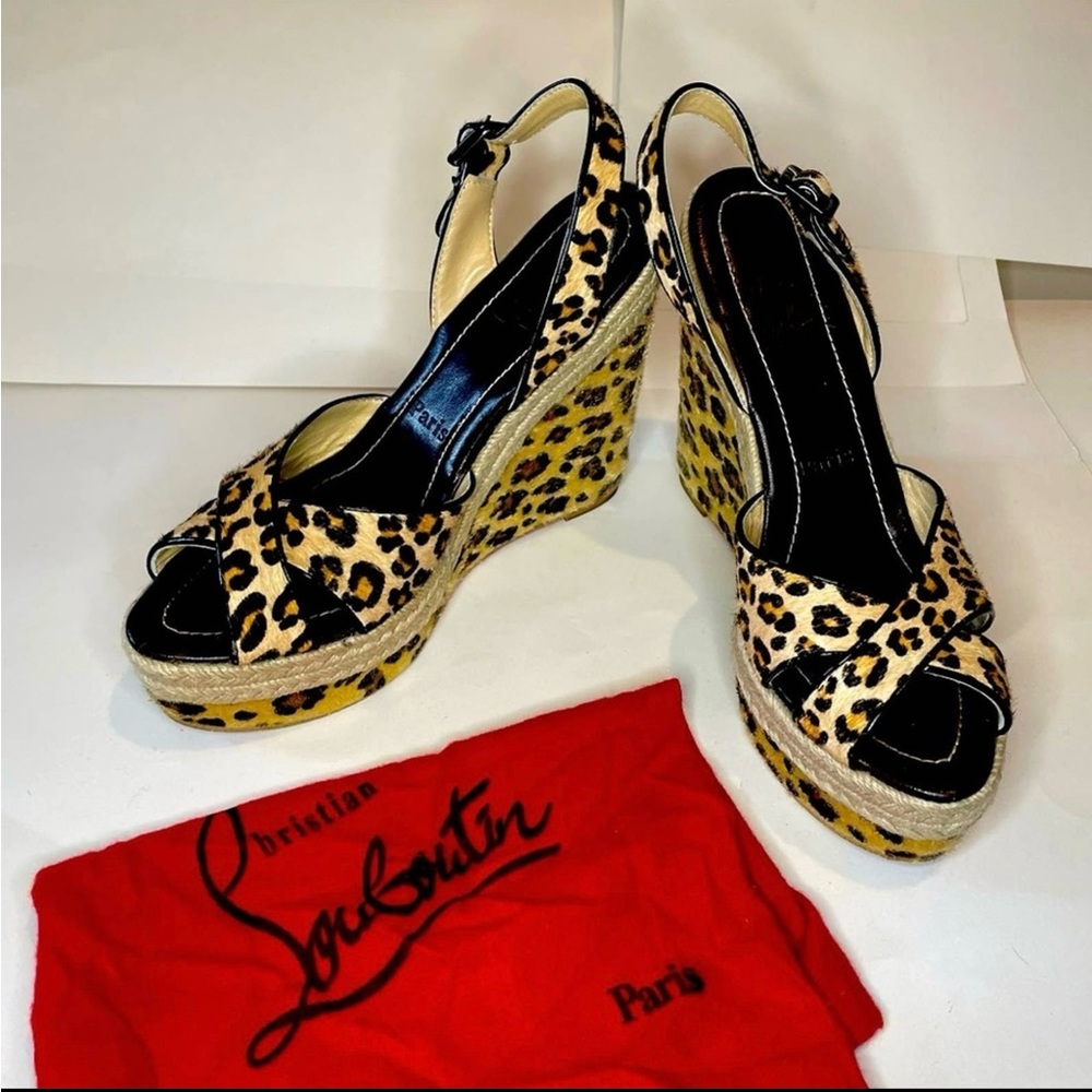 CHRISTIAN LOUBOUTIN Cowhide Leopard Print Espadrilles Platform Heel Sandal sz41